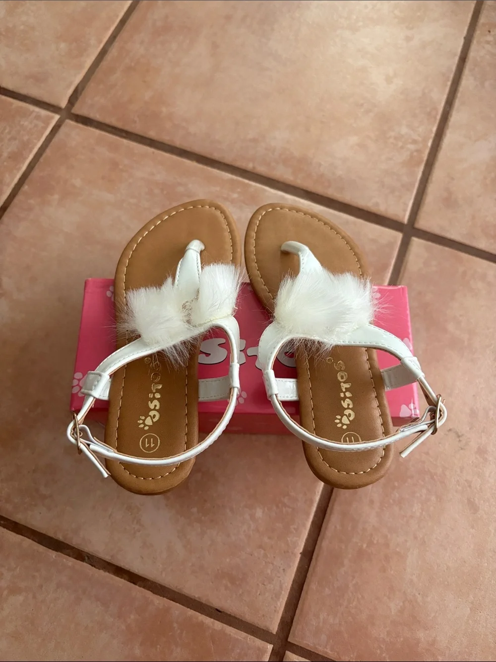 Girls White Faux Fur T-Strap Sandals with Ankle Strap